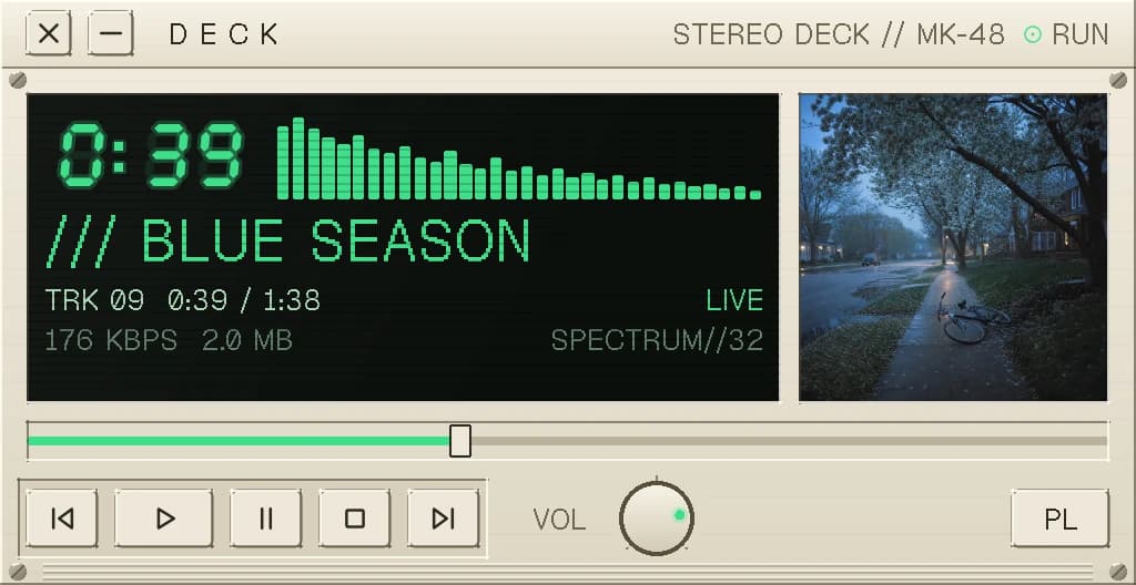 The Deck example app rendered by the Native SDK engine: the same music player rebuilt as a fixed 512 by 264 chromeless hardware unit in cream enamel with smoked-glass display bays, a phosphor seven-segment timecode, a spectrum analyzer, and a rotary volume knob